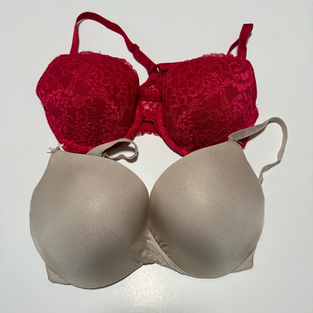 Lot of 2 Victoria’s Secret VS Push Up Bras Red Nude Racerback Demi Dream Angels